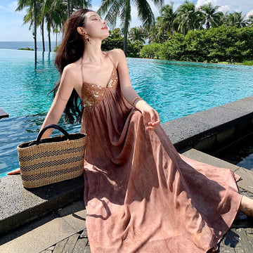 Beach Dress Chiffon Print Tie Stitched With Brighten Dress Hanging Neck Tie With Bareback Holiday Dress